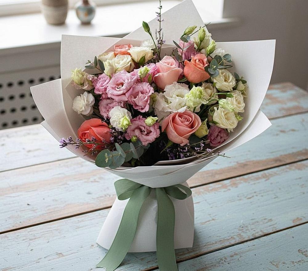 Букет цветов из: Розы, Лизиантусы и Гвоздики в Воротынец